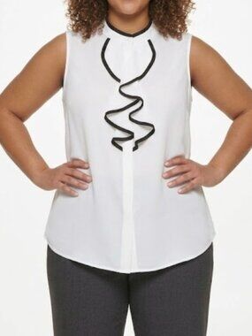 Calvin Klein Women's Plus Size Piped Ruffled Sleeveless Cream/Black Size 3X